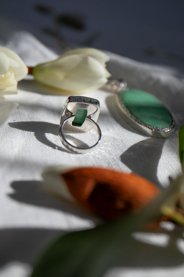 Variscite Ring in Beaten Sterling Silver - Size 9 US