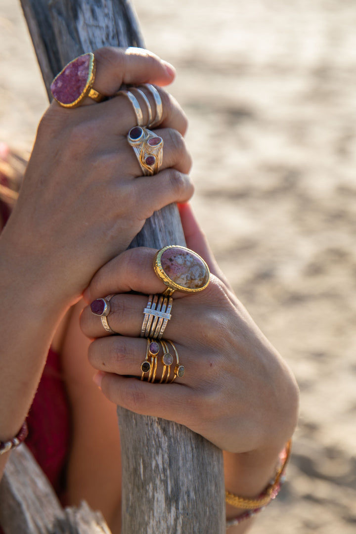 Pink Tourmaline and Garnet Ring set in Unique Sterling Silver and Gold Plated Band - Size 8 US