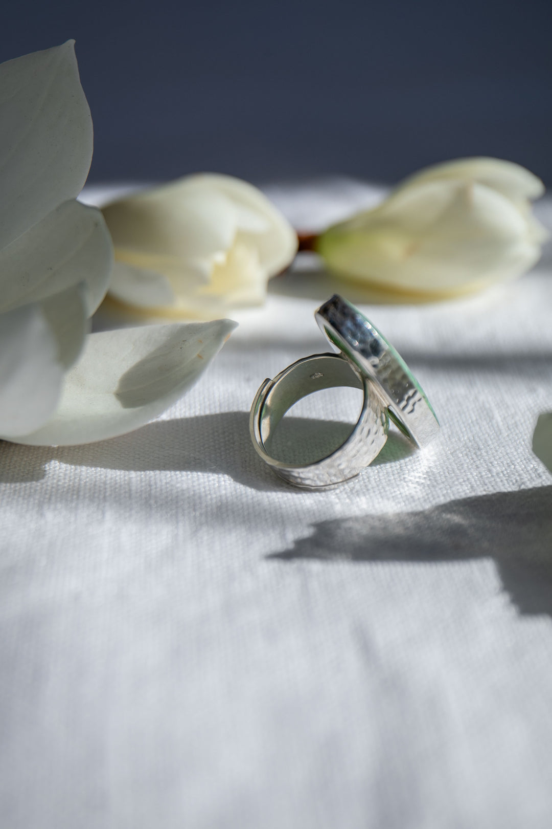 Peruvian Opal Ring in Beaten Sterling Silver with Adjustable Band