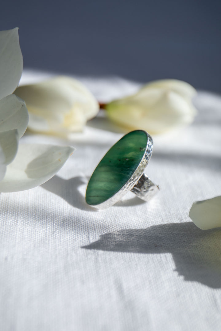 Peruvian Opal Ring in Beaten Sterling Silver with Adjustable Band