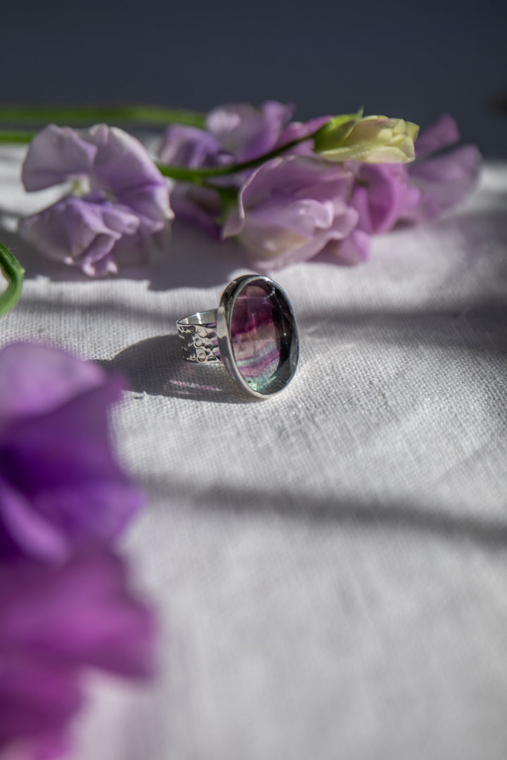 Fluorite Ring in Beaten Sterling Silver - Size 7.5 US