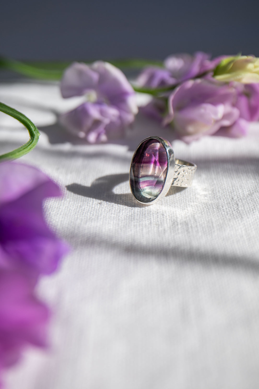 Fluorite Ring in Beaten Sterling Silver - Size 7.5 US