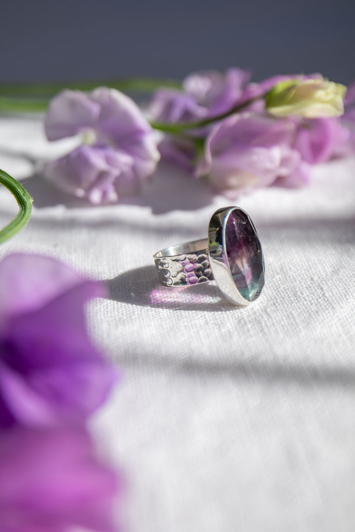 Fluorite Ring in Beaten Sterling Silver - Size 7.5 US