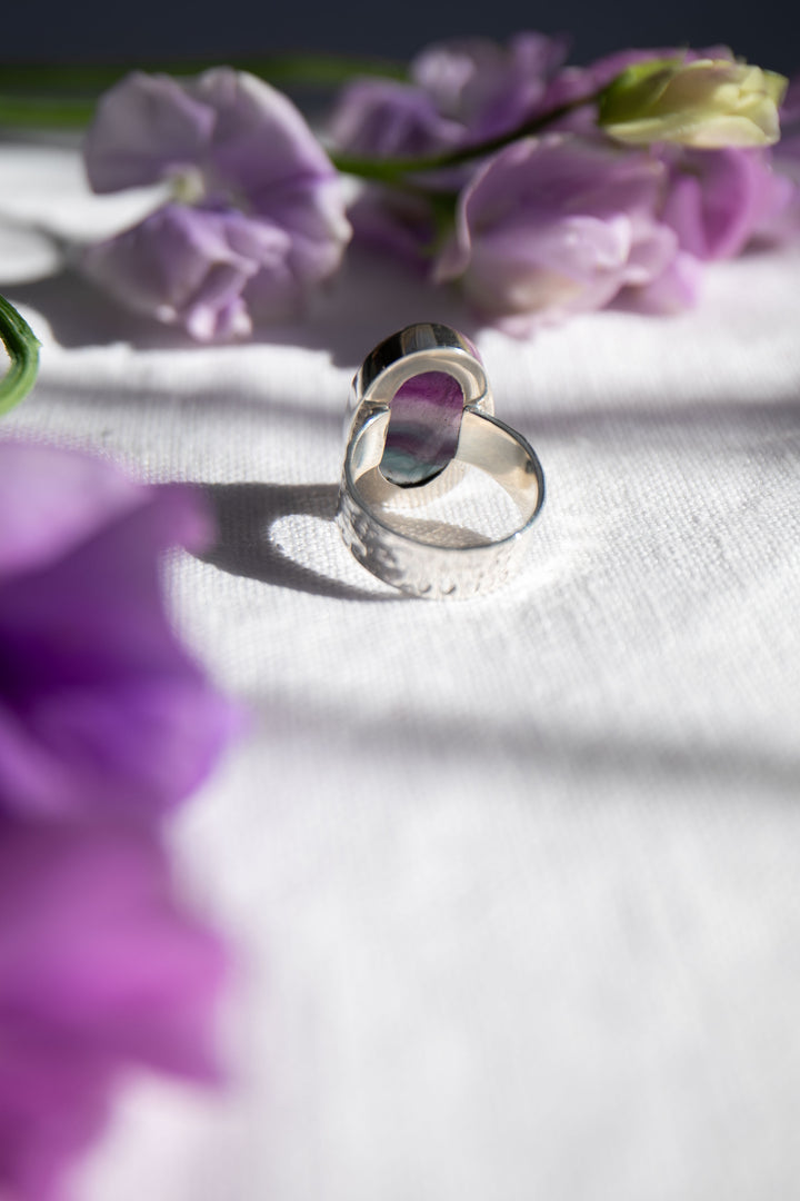 Fluorite Ring in Beaten Sterling Silver - Size 7.5 US