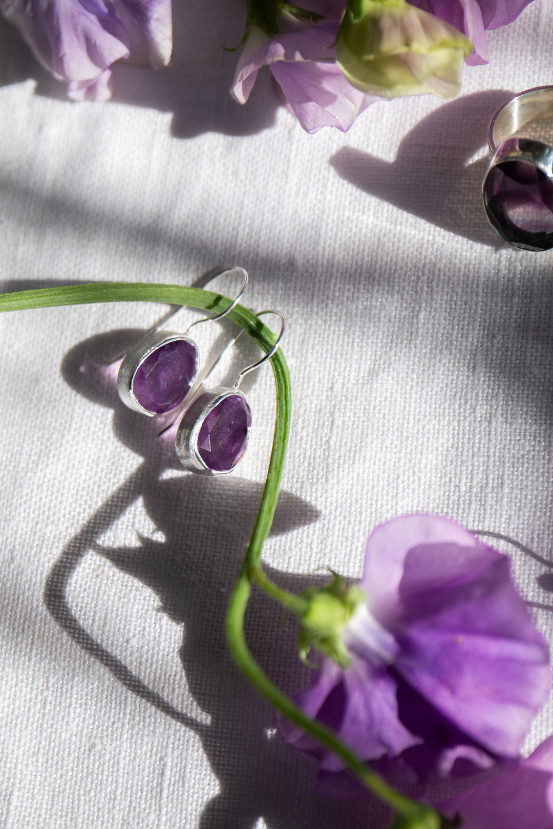 Faceted Amethyst Earrings with Brushed Sterling Silver
