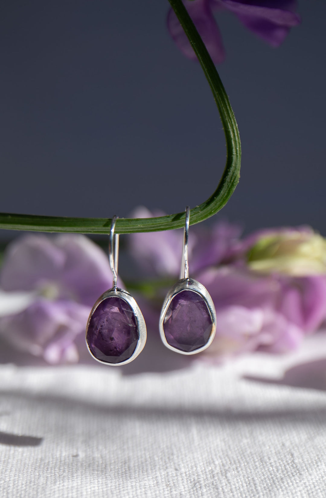 Faceted Amethyst Earrings with Brushed Sterling Silver