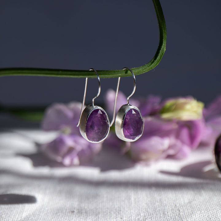 Faceted Amethyst Earrings with Brushed Sterling Silver