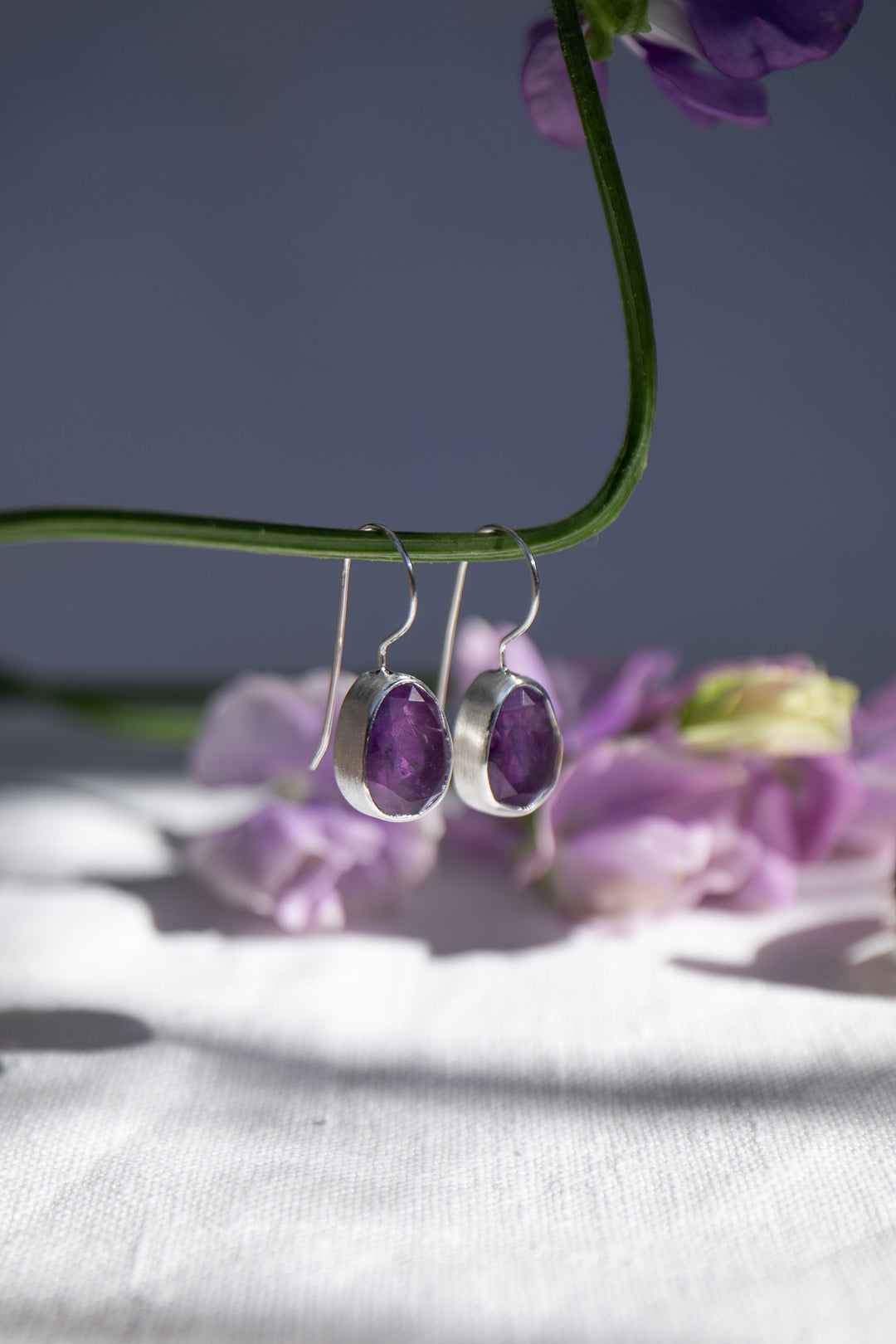 Faceted Amethyst Earrings with Brushed Sterling Silver