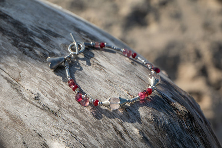 Rose Quartz, Ruby and Pink Tourmaline with Thai Hill Tribe Silver Beaded Bracelet