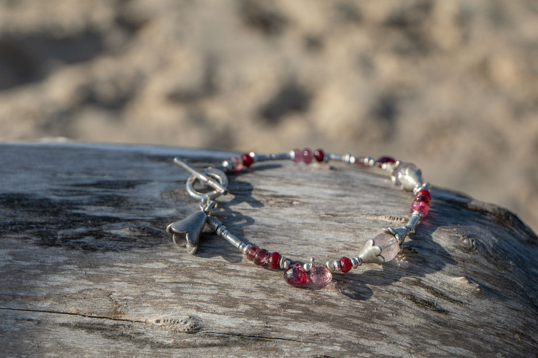 Rose Quartz, Ruby and Pink Tourmaline with Thai Hill Tribe Silver Beaded Bracelet