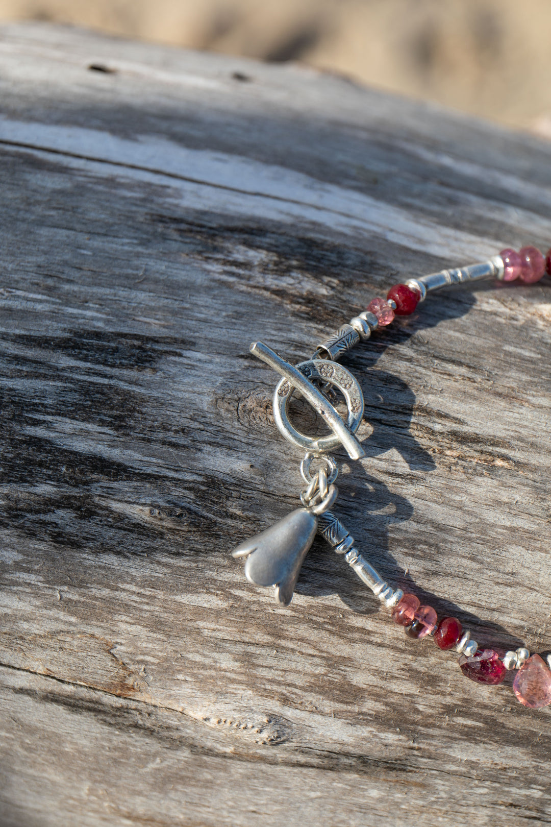 Rose Quartz, Ruby and Pink Tourmaline with Thai Hill Tribe Silver Beaded Bracelet