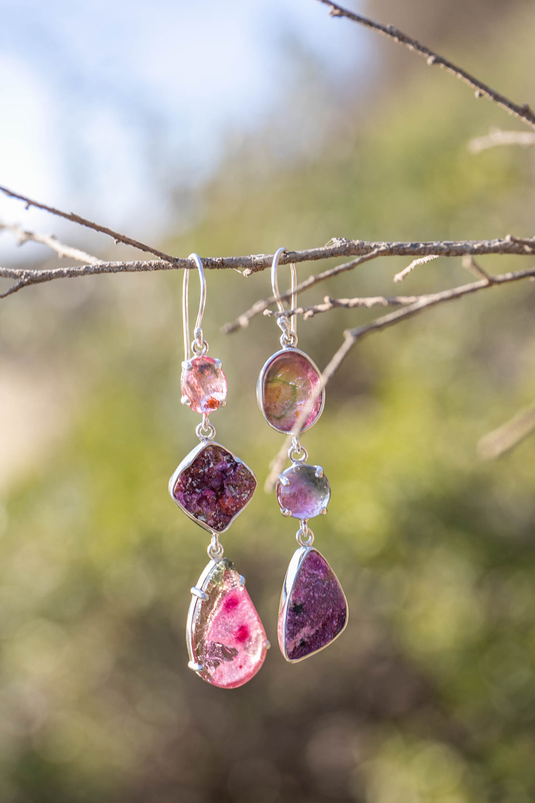 One of a Kind Raw + Cut Watermelon Tourmaline and Cobalto Calcite Triple Drop Earrings in Sterling Silver