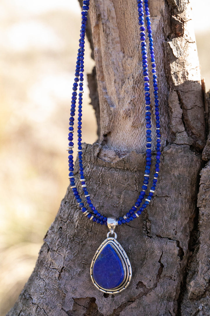 Double Lapis Lazuli Necklace with Lapis Pendant and Thai Hill Tribe Silver