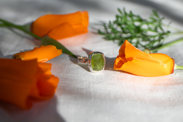 Faceted Peridot Ring in Beaten Sterling Silver - Size 9 US