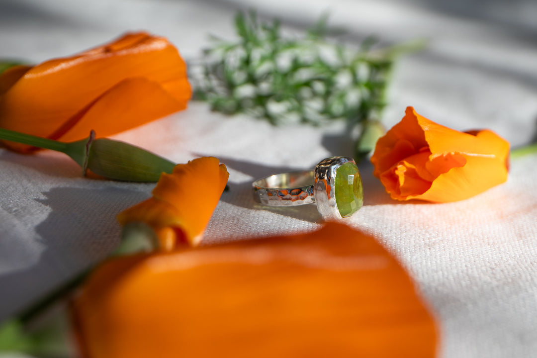 Faceted Peridot Ring in Beaten Sterling Silver - Size 9 US