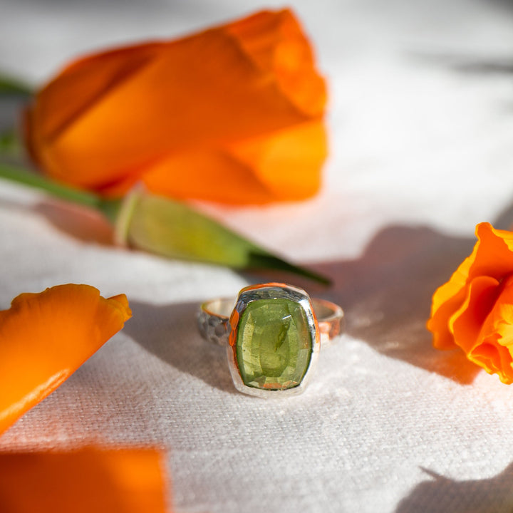 Faceted Peridot Ring in Beaten Sterling Silver - Size 9 US