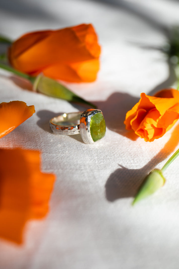 Faceted Peridot Ring in Beaten Sterling Silver - Size 9 US
