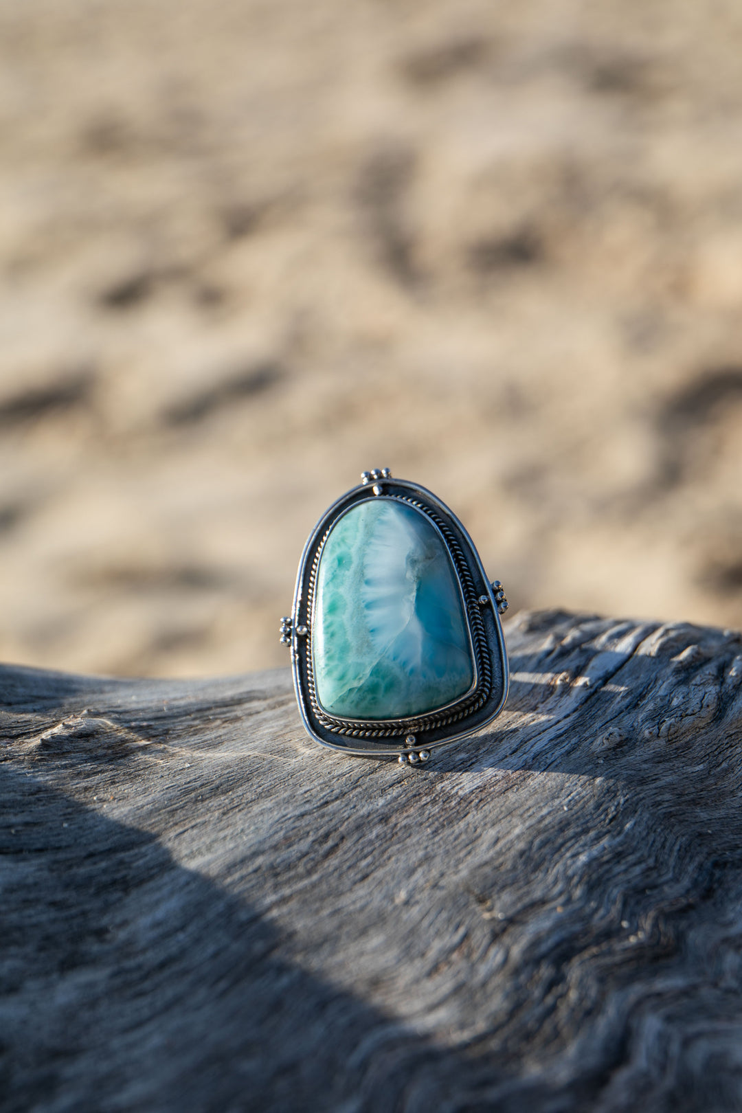 Statement Larimar Ring in Tribal Sterling Silver Setting - Size 9 US