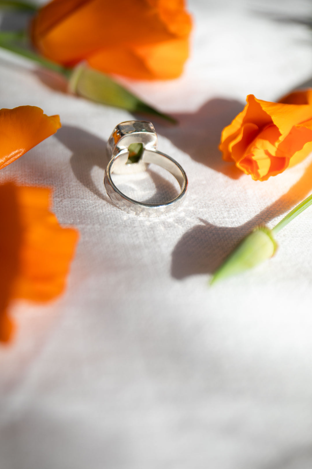Faceted Peridot Ring in Beaten Sterling Silver - Size 9 US