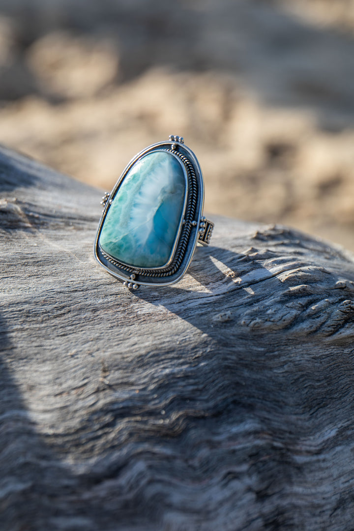 Statement Larimar Ring in Tribal Sterling Silver Setting - Size 9 US