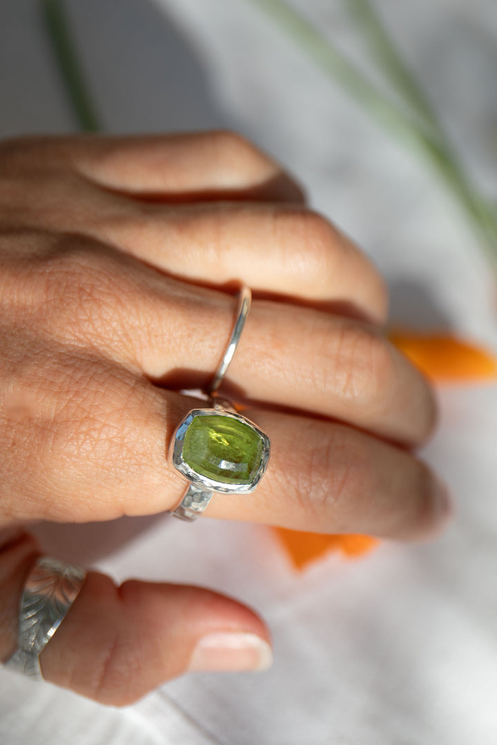 Faceted Peridot Ring in Beaten Sterling Silver - Size 9 US