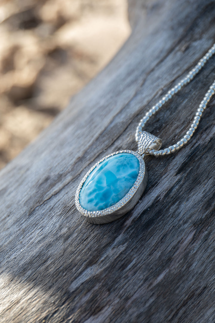 Larimar Pendant in Unique Bezel Silver Setting