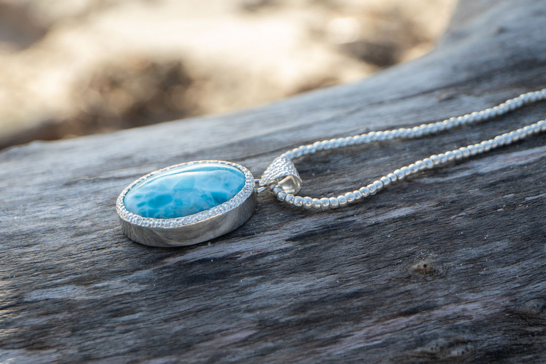 Larimar Pendant in Unique Bezel Silver Setting