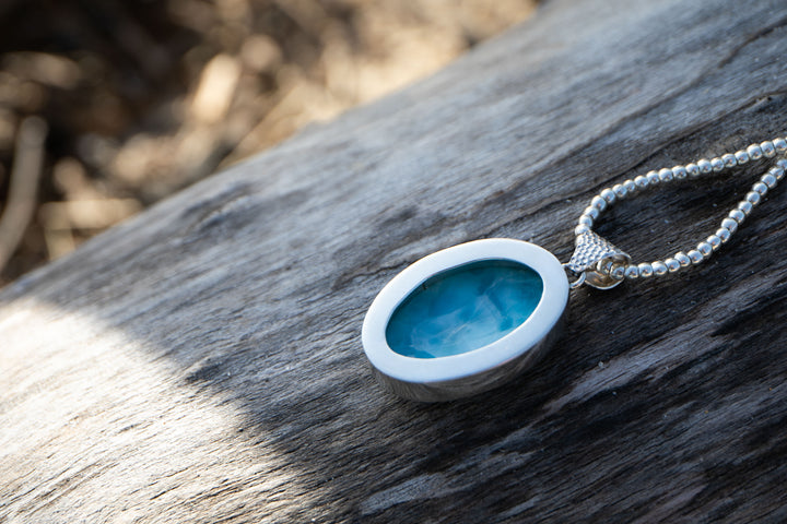 Larimar Pendant in Unique Bezel Silver Setting