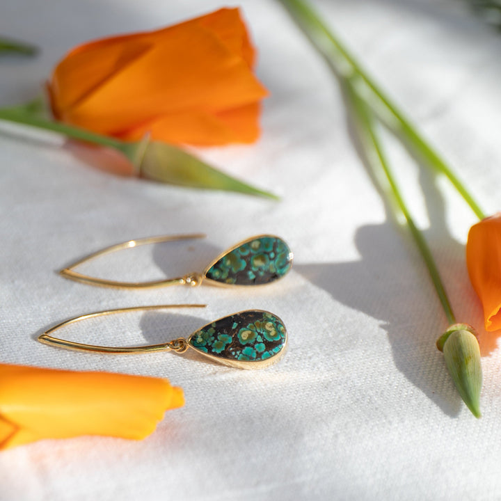 Natural Turquoise Earrings set in Gold Plated Sterling Silver on Long Hooks