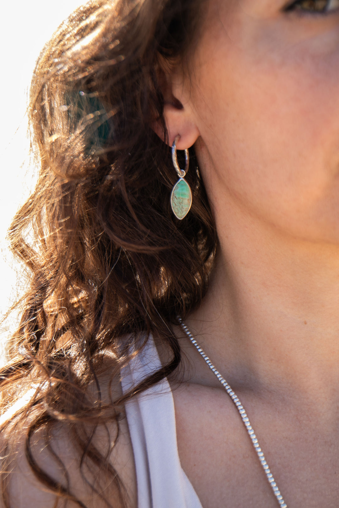 Variscite Earrings with Beaten Hoop Sterling Silver