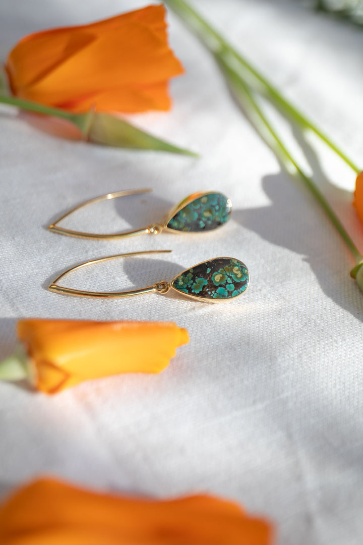 Natural Turquoise Earrings set in Gold Plated Sterling Silver on Long Hooks