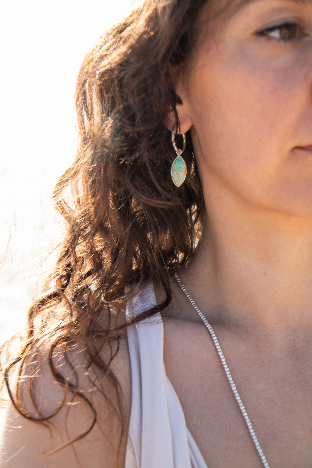 Variscite Earrings with Beaten Hoop Sterling Silver