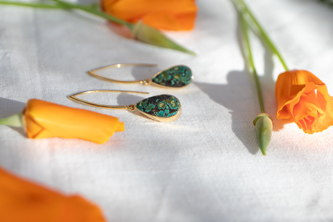 Natural Turquoise Earrings set in Gold Plated Sterling Silver on Long Hooks