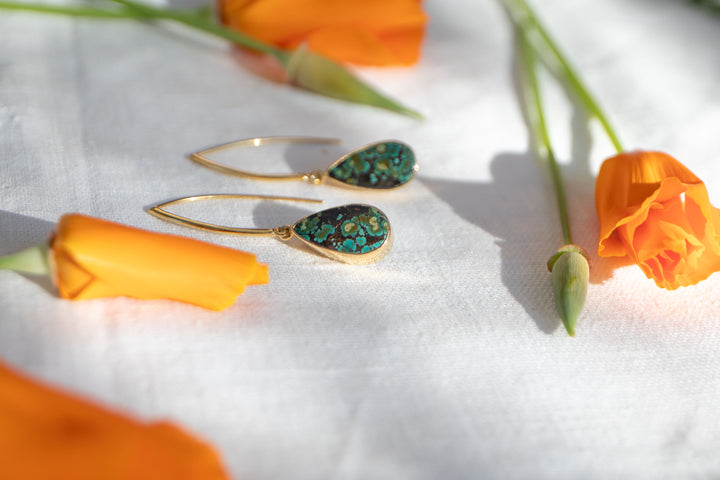 Natural Turquoise Earrings set in Gold Plated Sterling Silver on Long Hooks