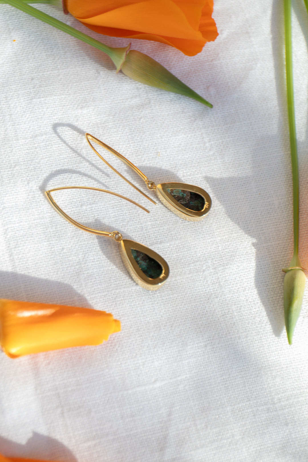 Natural Turquoise Earrings set in Gold Plated Sterling Silver on Long Hooks