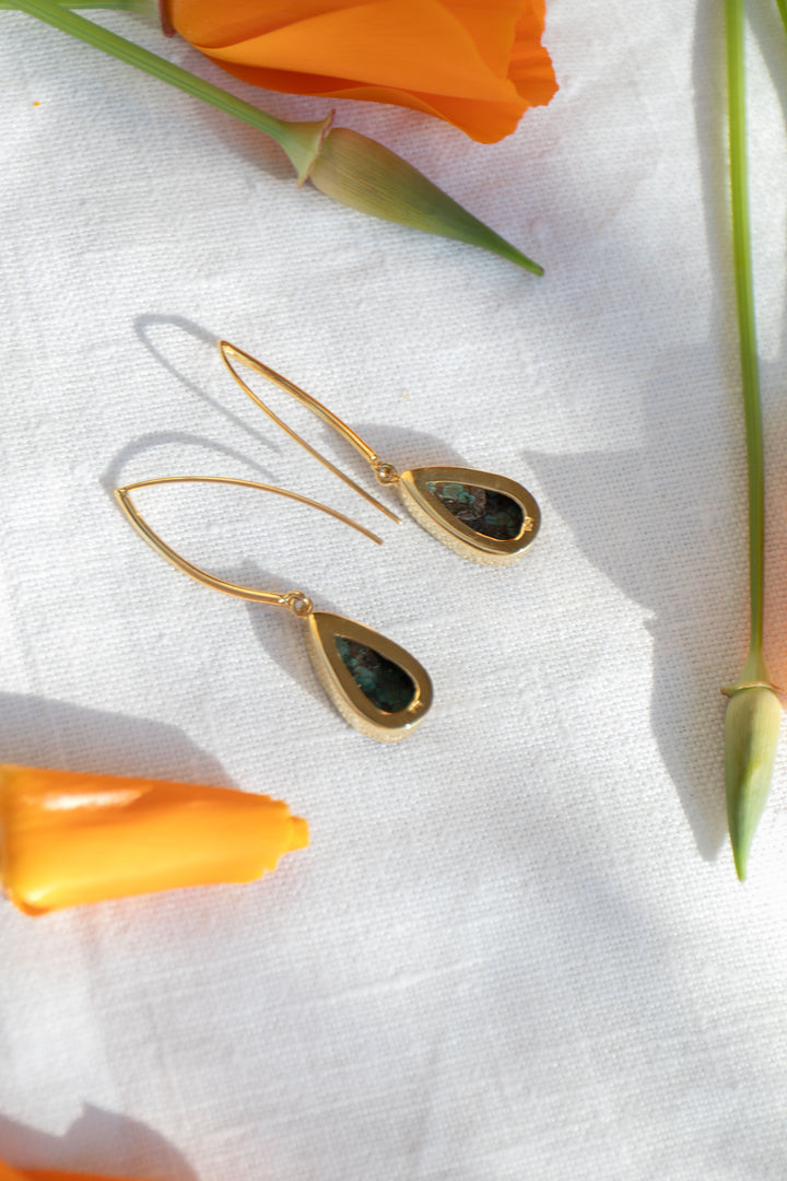 Natural Turquoise Earrings set in Gold Plated Sterling Silver on Long Hooks