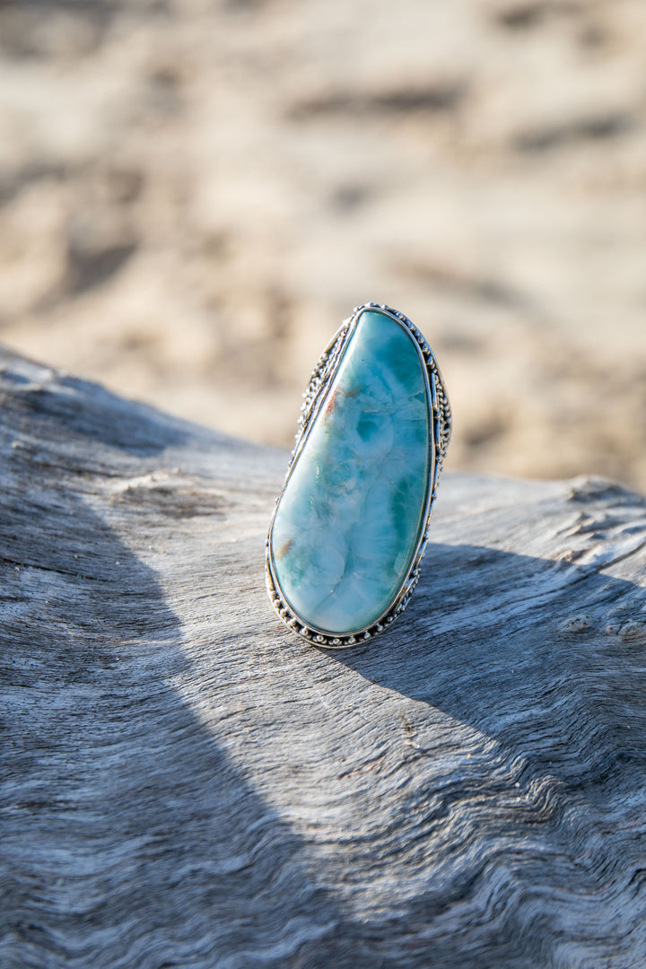 Statement Larimar Ring in Tribal Sterling Silver Setting - Size 9 US