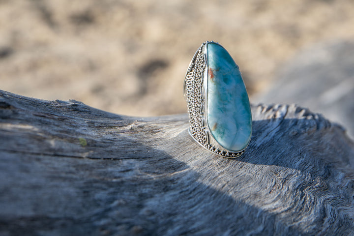 Statement Larimar Ring in Tribal Sterling Silver Setting - Size 9 US