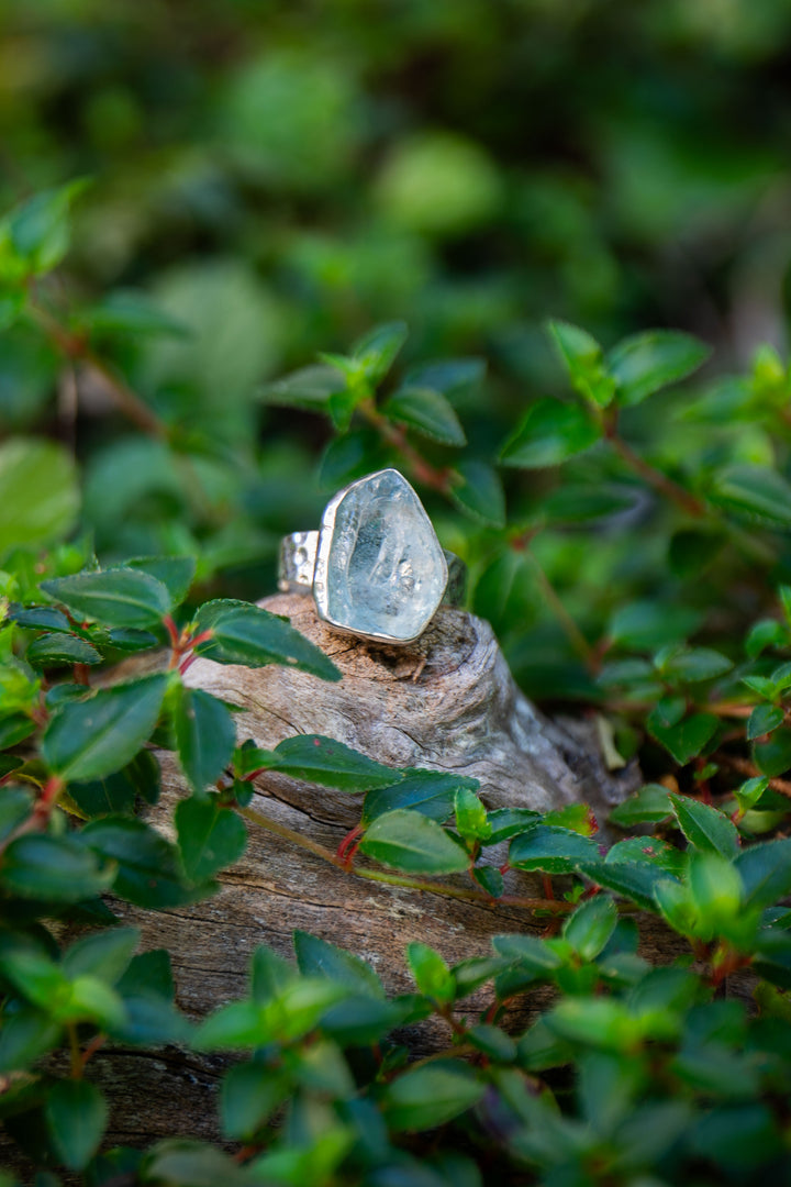 Raw Mozambique Aquamarine Ring with Beaten Adjustable Band