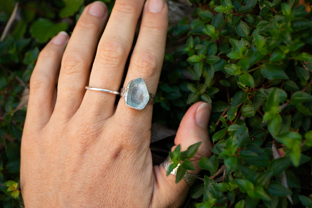 Raw Mozambique Aquamarine Ring with Beaten Adjustable Band