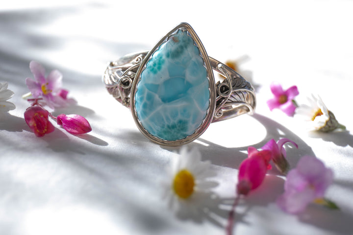 Statement Larimar and Sterling Silver Bangle with Leaf Embellishments