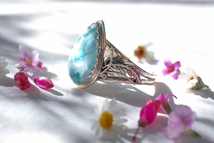 Statement Larimar and Sterling Silver Bangle with Leaf Embellishments