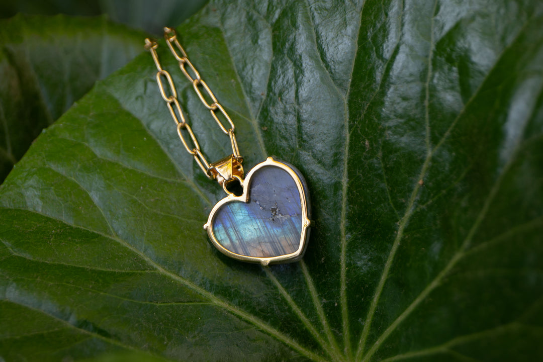 Heart Shaped Labradorite Pendant set in 14k Gold Plated Sterling Silver