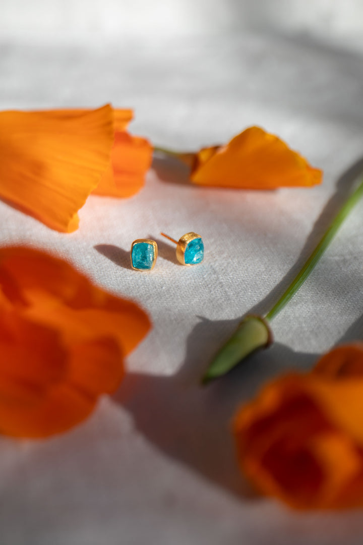 Rose Cut Apatite Stud Earrings in 24k Gold Plated Sterling Silver
