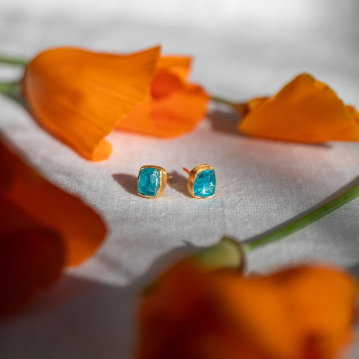 Rose Cut Apatite Stud Earrings in 24k Gold Plated Sterling Silver