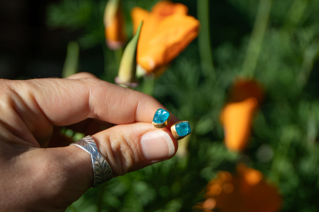 Rose Cut Apatite Stud Earrings in 24k Gold Plated Sterling Silver