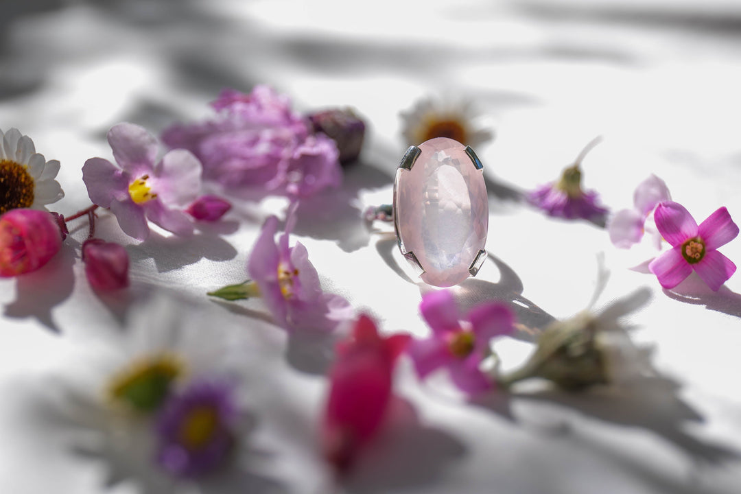 Faceted Rose Quartz Ring in Sterling Silver - Size 7 US