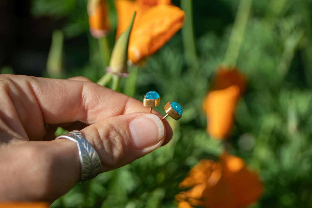 Rose Cut Apatite Stud Earrings in 24k Gold Plated Sterling Silver