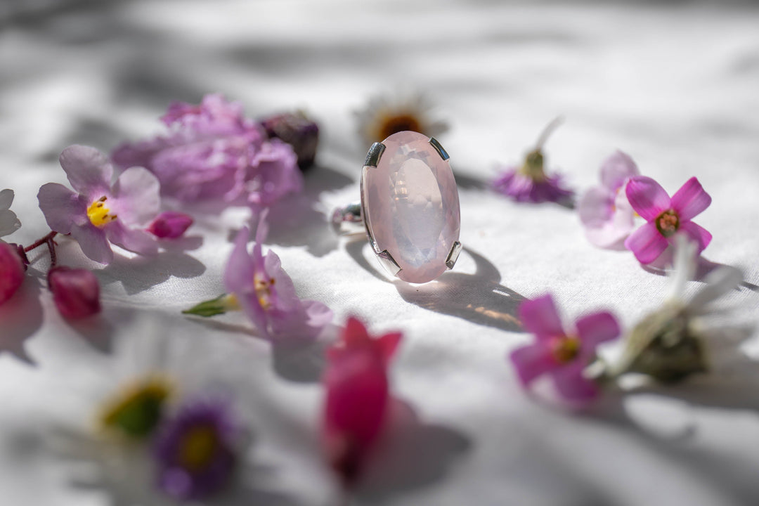 Faceted Rose Quartz Ring in Sterling Silver - Size 7 US