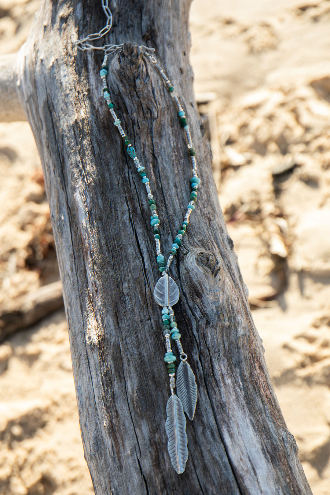 Aquamarine, Larimar and Chrysocolla Necklace with Thai Hill Tribe Silver Leaves